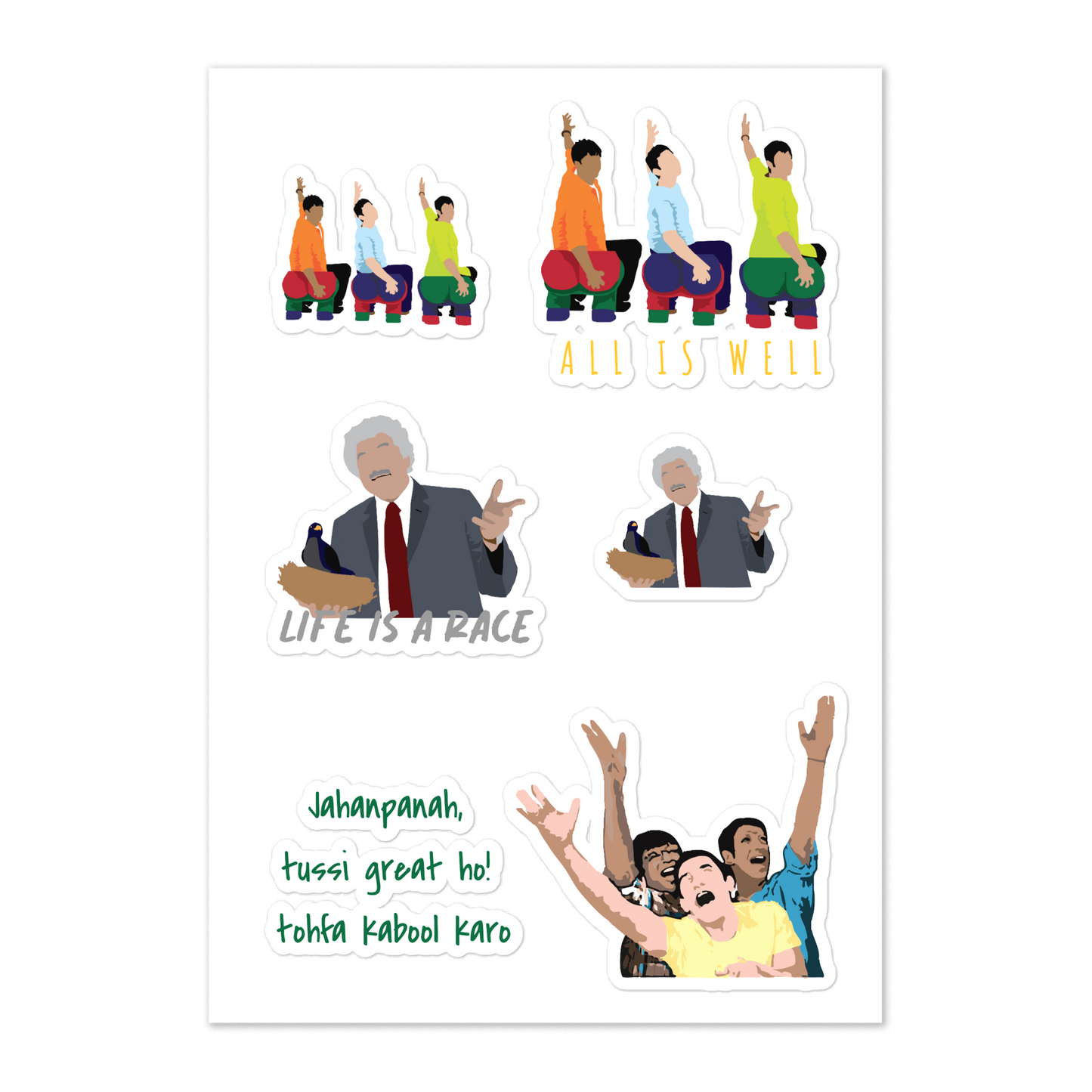 3 Idiots Sticker Pack – Rancho, Farhan & Raju in Glossy Style