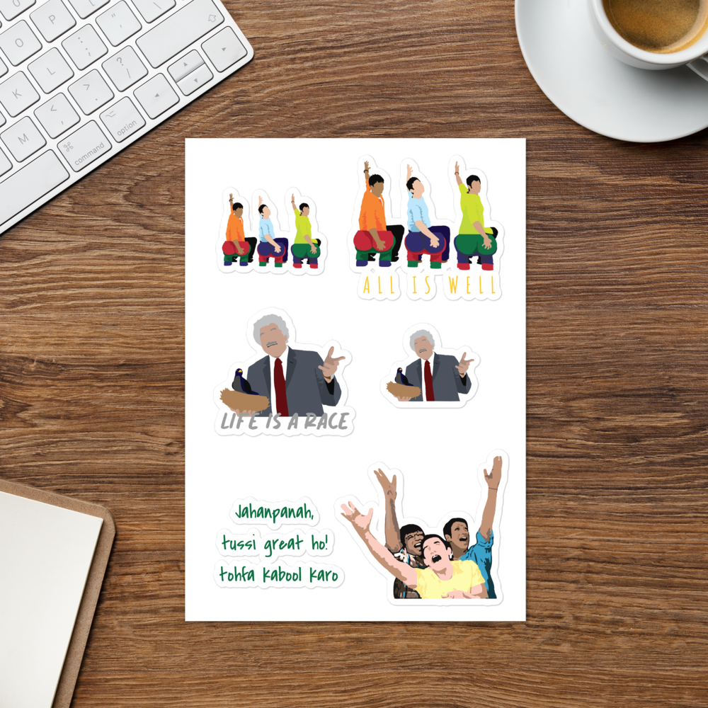 3 Idiots Sticker Pack – Rancho, Farhan & Raju in Glossy Style